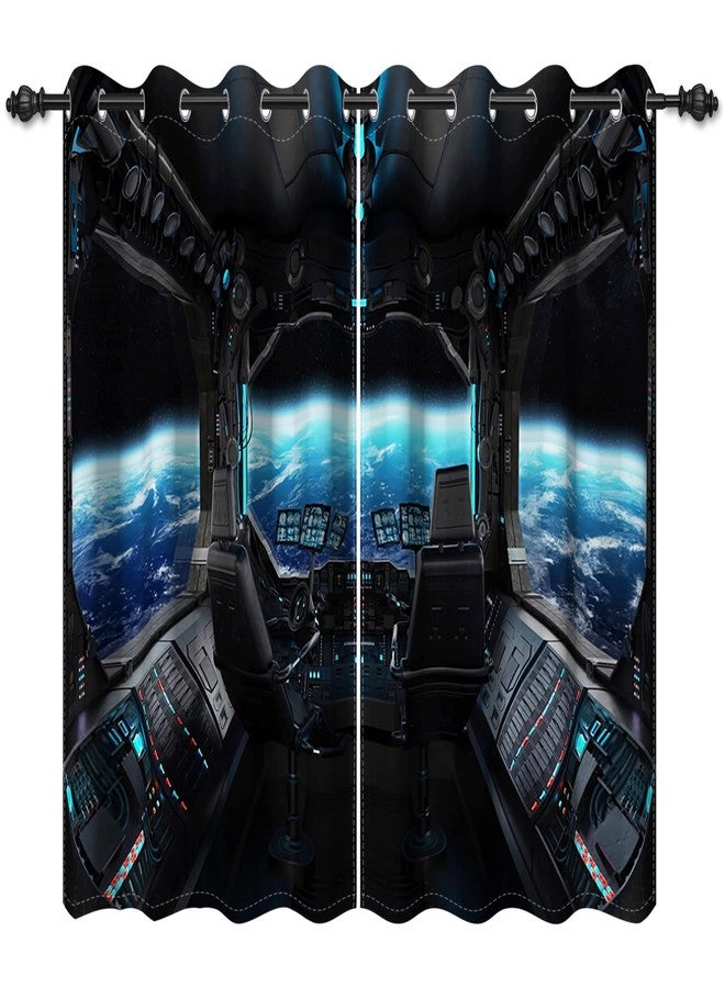 Renaiss Spacecraft Interior Window Curtains Futuristic Spaceship Cockpit Window Treatments Outer Space Earth View Blackout Drapes for Bedroom Living Room French Door Decor 26x63 Inches x 2 Panels - Image 1
