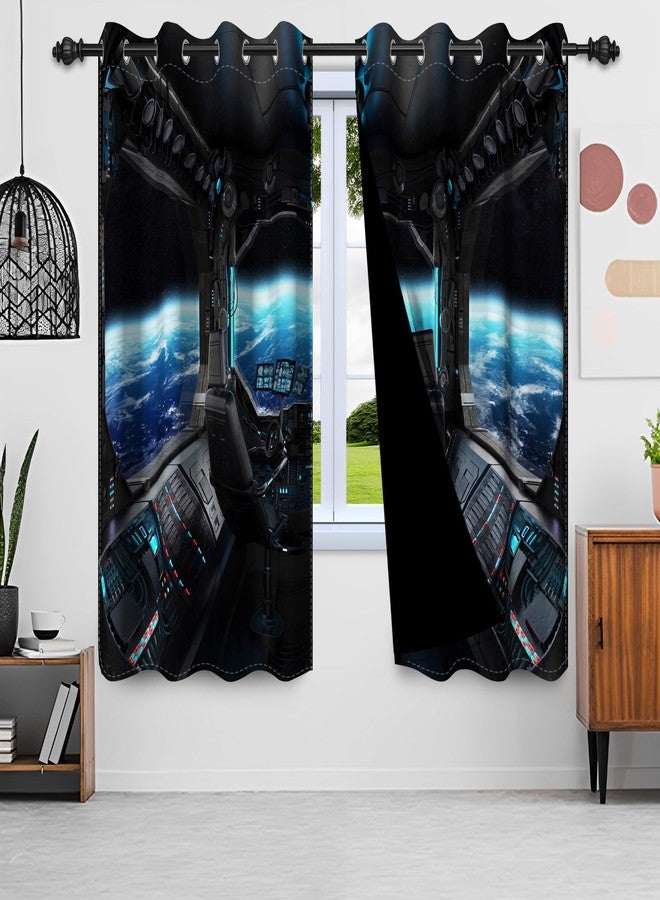 Renaiss Spacecraft Interior Window Curtains Futuristic Spaceship Cockpit Window Treatments Outer Space Earth View Blackout Drapes for Bedroom Living Room French Door Decor 26x63 Inches x 2 Panels - Image 2