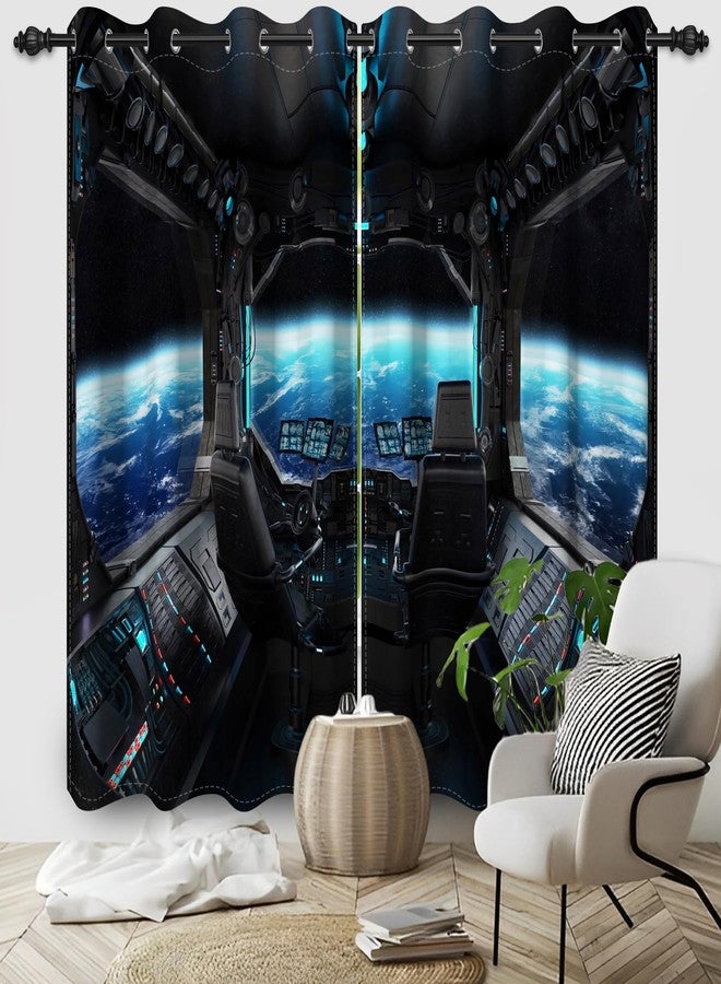 Renaiss Spacecraft Interior Window Curtains Futuristic Spaceship Cockpit Window Treatments Outer Space Earth View Blackout Drapes for Bedroom Living Room French Door Decor 26x63 Inches x 2 Panels - Image 3