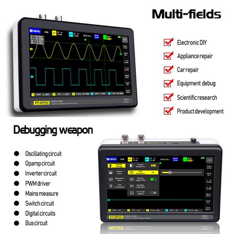 Oscilloscope: 2 Channels 100MHz Bandwidth 1GSa/s Sampling Rate - Intelligent Anti-Burn 7 Inch Color TFT Capacitive Touch Screen for Electronic Testing & Circuit Analysis - Image 4