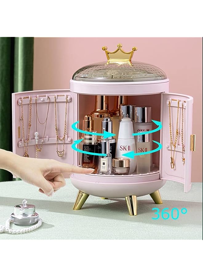 IAF Large Desktop Jewel Storage Box Crown 360 Rotating Jewelry Organizer Necklace Dustproof Organizer Case Earring Ring Display Holder (Pink) - Image 3