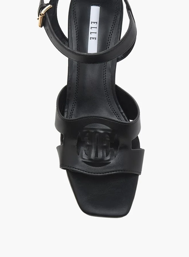 ELLE Women's Logo Detail Sandals with Buckle Closure and Block Heels
