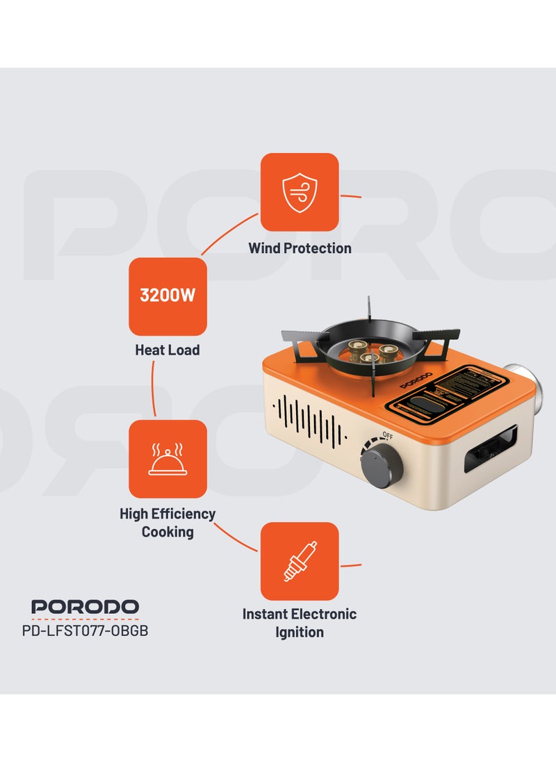 porodo Portable Outdoor Stove 3200W with Wind Protection / High-Efficiency Cooking / Instant Electronic Ignition / Multi-Level Flame Control / Wind-Proof Burner / Quick Setup Mini Stove - Orange/Beige  - Image 2