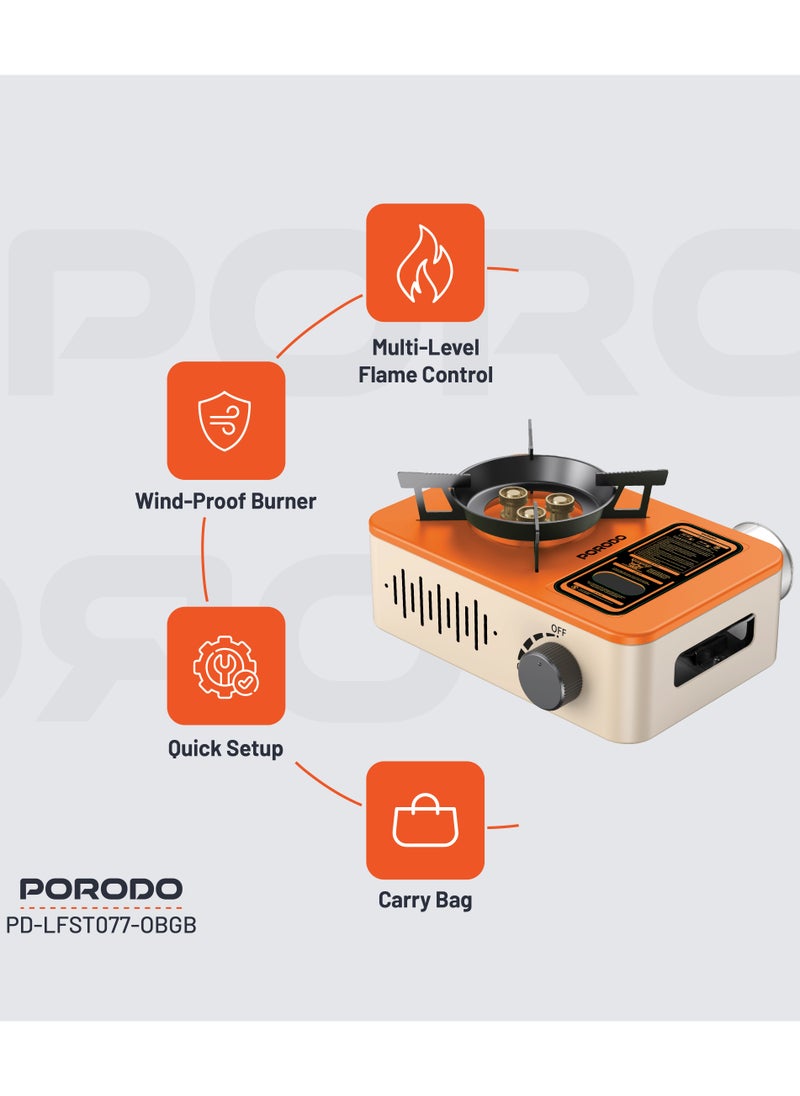 porodo Portable Outdoor Stove 3200W with Wind Protection / High-Efficiency Cooking / Instant Electronic Ignition / Multi-Level Flame Control / Wind-Proof Burner / Quick Setup Mini Stove - Orange/Beige  - Image 3