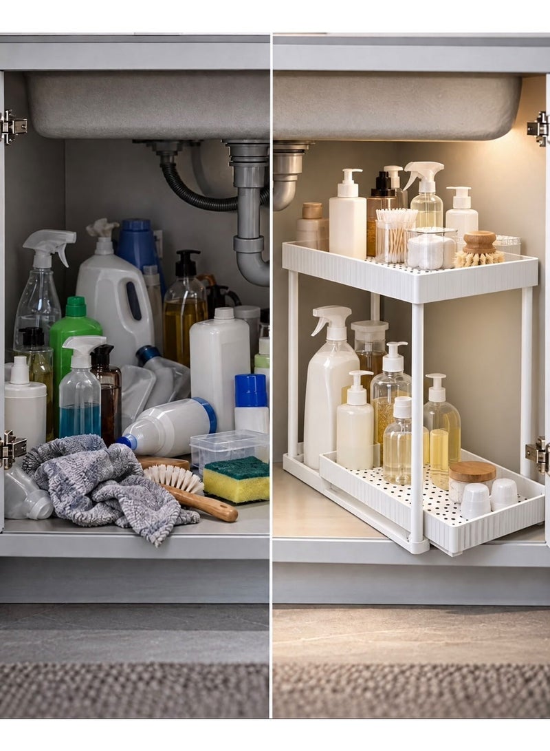 Novique 2-Tier Storage Organizer with Pull-Out Lower Basket, Kitchen & Bathroom Under Sink Cabinet Organizer, Space-Saving Vertical Design for Tight Spaces, Black, 32 x 19.5 x 33.5 cm, 2 Storage Shelves for Spices, Sauces, Jars & Bottles - Image 3