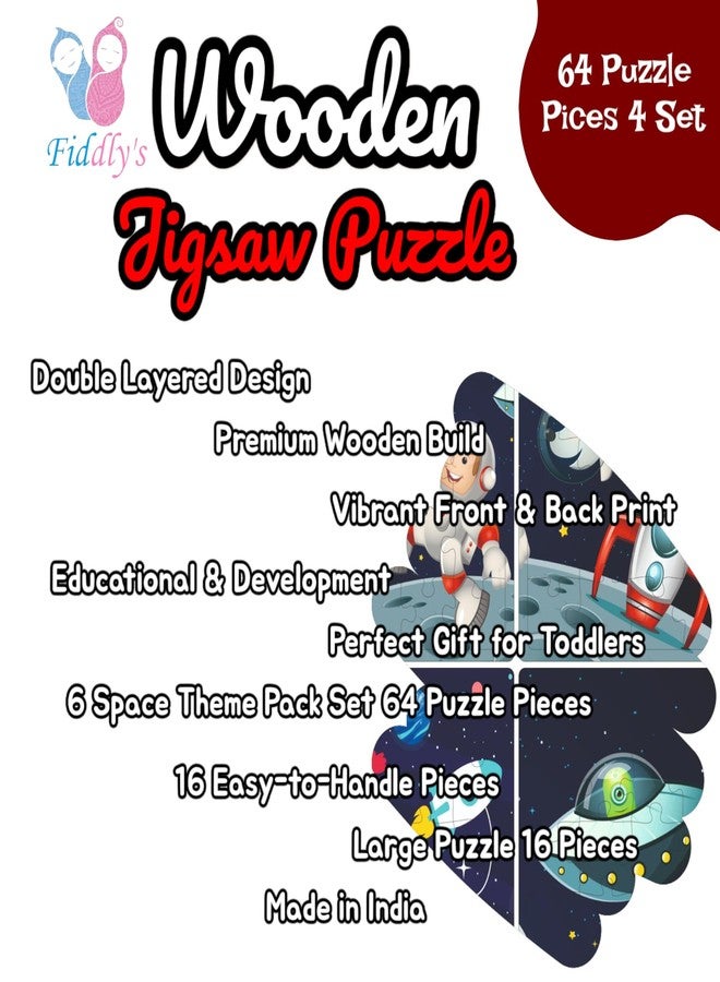 Fiddlys Fiddly's 16-Piece Wooden Jigsaw Puzzles for Kids Ages 3+, Double Layered Wooden Puzzles with Bright Front & Back Print (Space World Pack of 4) - Image 3