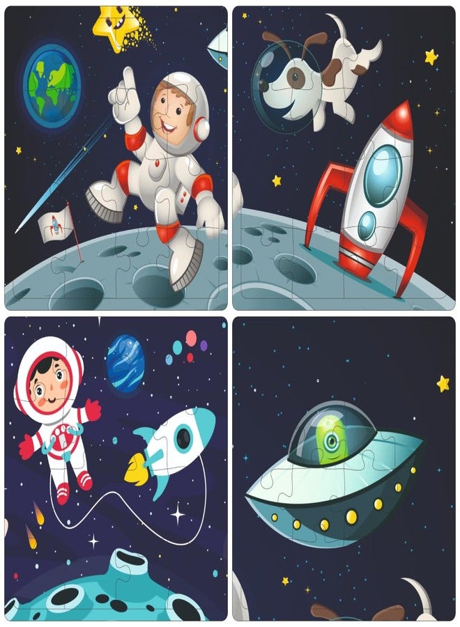 Fiddlys Fiddly's 16-Piece Wooden Jigsaw Puzzles for Kids Ages 3+, Double Layered Wooden Puzzles with Bright Front & Back Print (Space World Pack of 4) - Image 1