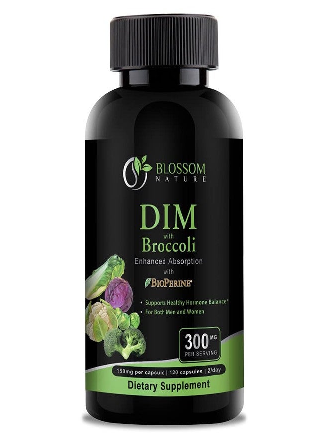 بلوسوم_نايتشر مكمل غذائي DIM بتركيز 300 ملغ مع بروكلي بتركيز 200 ملغ وبيوبيرين بتركيز 10 ملغ - توازن الهرمونات والإستروجين للنساء والرجال، تخفيف أعراض انقطاع الطمث، دعم متلازمة تكيس المبايض ومتلازمة ما قبل الحيض، علاج حب الشباب الهرموني - 120 كبسولة، ثنائي إندوليل ميثان بتركيز 150 ملغ لكل كبسولة - Image 1