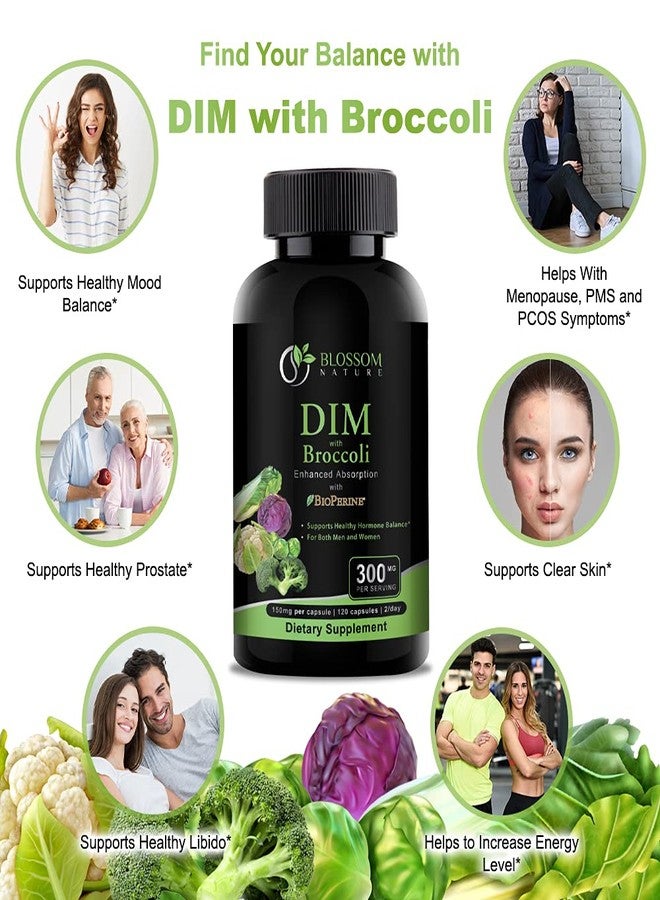بلوسوم_نايتشر مكمل غذائي DIM بتركيز 300 ملغ مع بروكلي بتركيز 200 ملغ وبيوبيرين بتركيز 10 ملغ - توازن الهرمونات والإستروجين للنساء والرجال، تخفيف أعراض انقطاع الطمث، دعم متلازمة تكيس المبايض ومتلازمة ما قبل الحيض، علاج حب الشباب الهرموني - 120 كبسولة، ثنائي إندوليل ميثان بتركيز 150 ملغ لكل كبسولة - Image 4