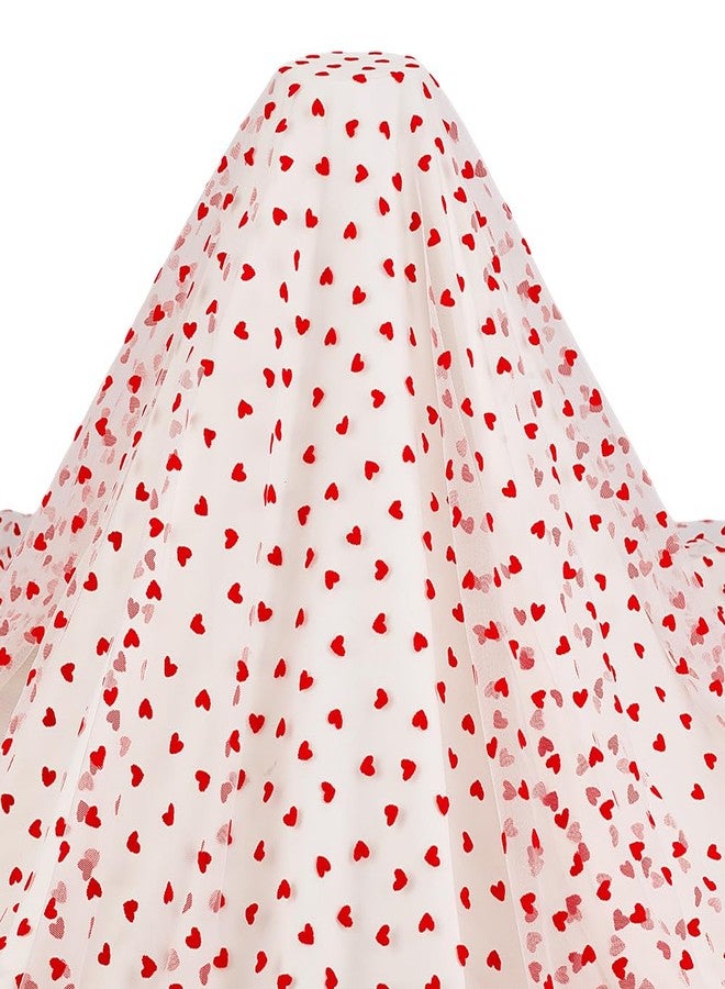 MAYJOYDIY 2 Yards×63inch Red Flocking Heart White Lace Mesh Fabric Lightweight Tulle Lovely Velvet Heart Lace Trim Fabric for DIY Wedding Tutu Valentine Decor Craft Accessories - Image 1