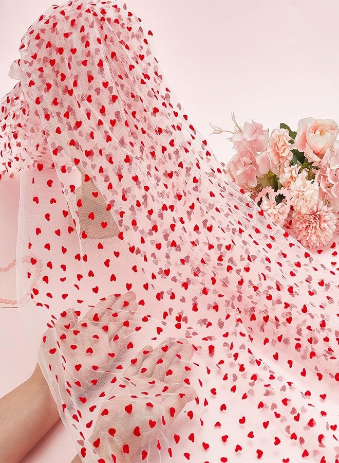MAYJOYDIY 2 Yards×63inch Red Flocking Heart White Lace Mesh Fabric Lightweight Tulle Lovely Velvet Heart Lace Trim Fabric for DIY Wedding Tutu Valentine Decor Craft Accessories - Image 3