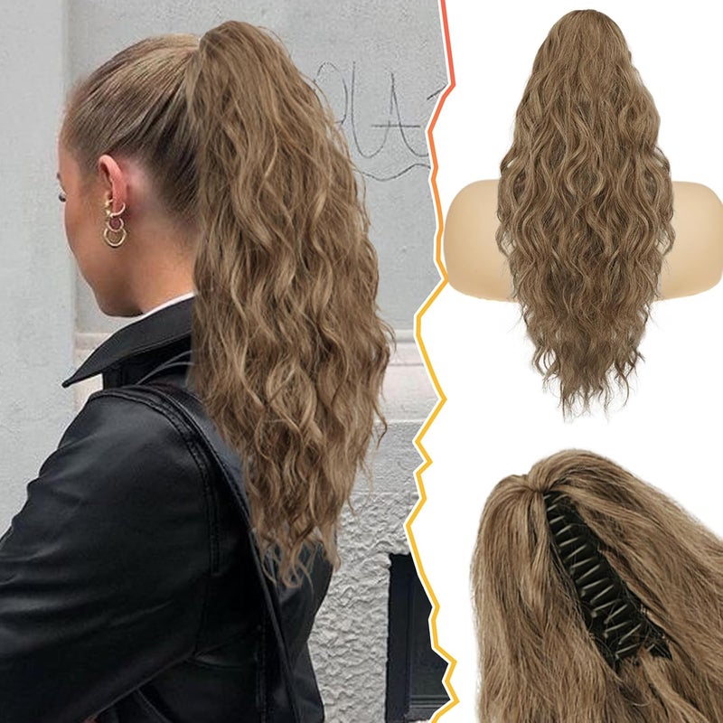 BARSDAR Brown Ponytail Extension  18 Inch Claw Clip Ponytail Extensions for Women  Curly Wavy Multi Layered Synthetic Clip In Pony Tails Hairpieces Fake Ponytail  Ash Brown Mixed