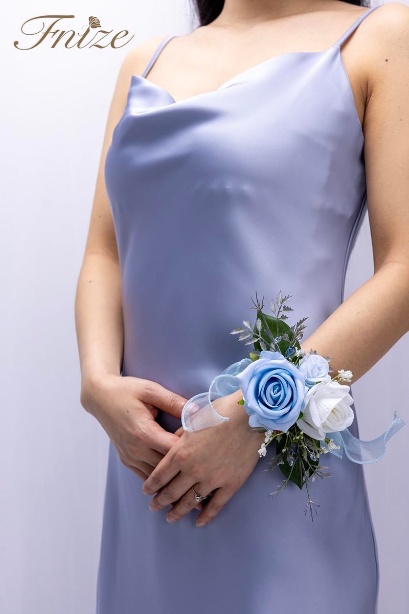 Fnize Blue Corsage and Boutonniere Set for Bride Groom Bridesmaids Groomsmen Wedding Homecoming Flowers Prom Suit Accessories, Rose Boutonniere and Wrist Corsage Flower - Image 2