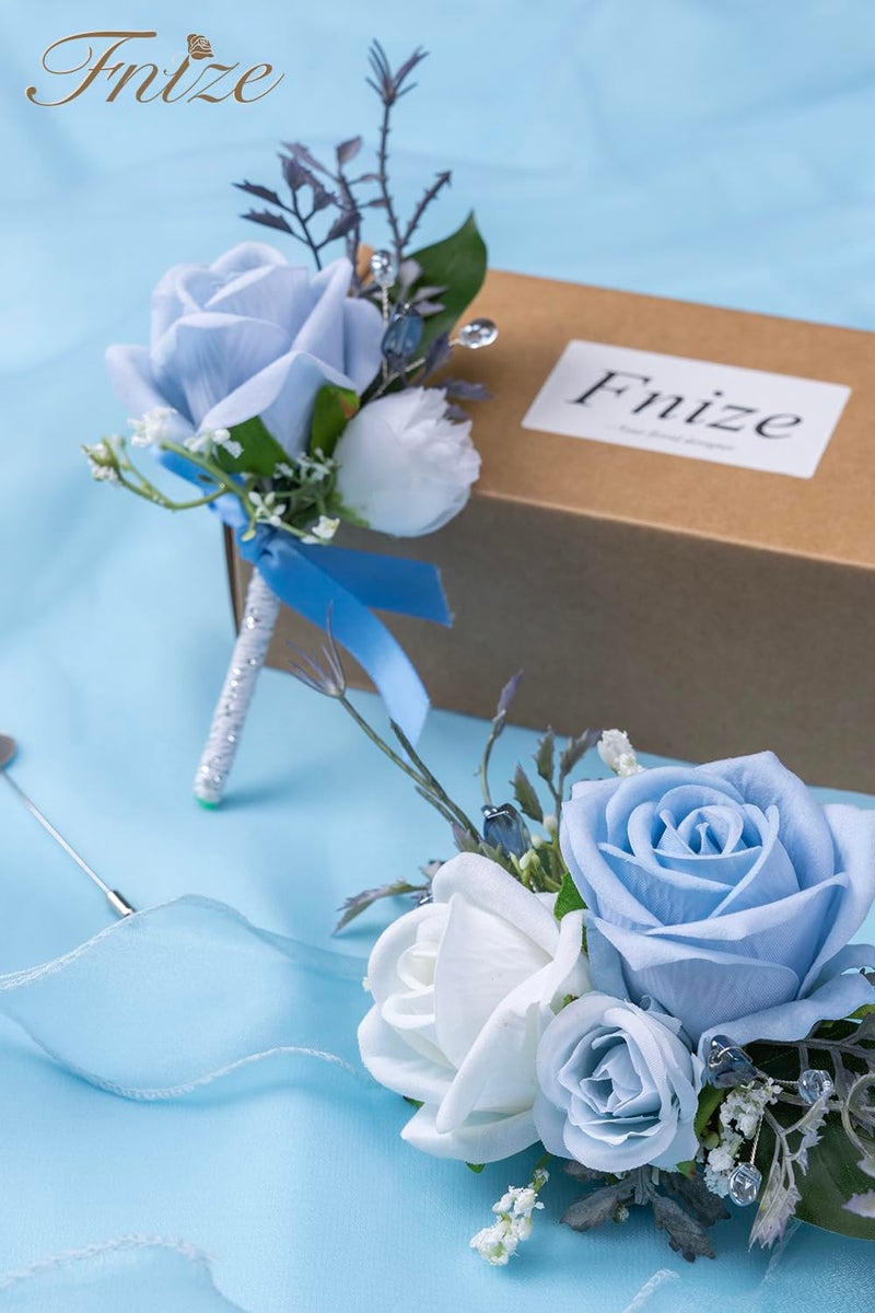 Fnize Blue Corsage and Boutonniere Set for Bride Groom Bridesmaids Groomsmen Wedding Homecoming Flowers Prom Suit Accessories, Rose Boutonniere and Wrist Corsage Flower - Image 5