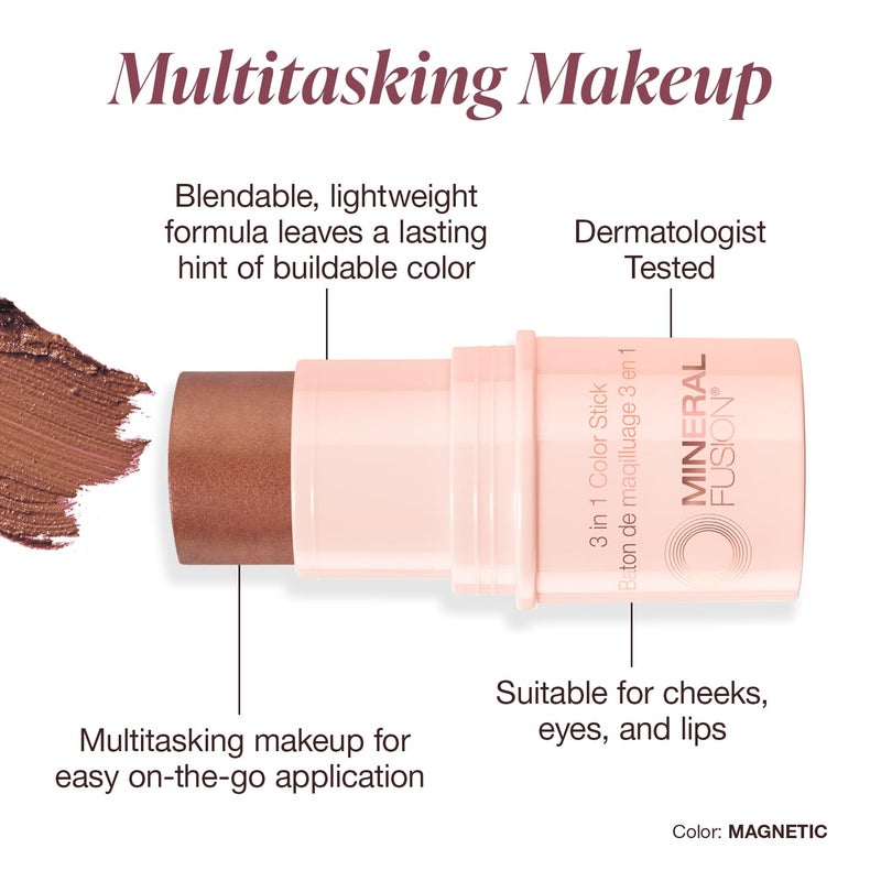 Mineral Fusion 3-in-1 Color Stick, Instant Color Pop and Blush for Cheeks, Creamy Lightweight Formula, Multi-Use Eye, Face, and Lip Makeup, Magnetic - Image 2