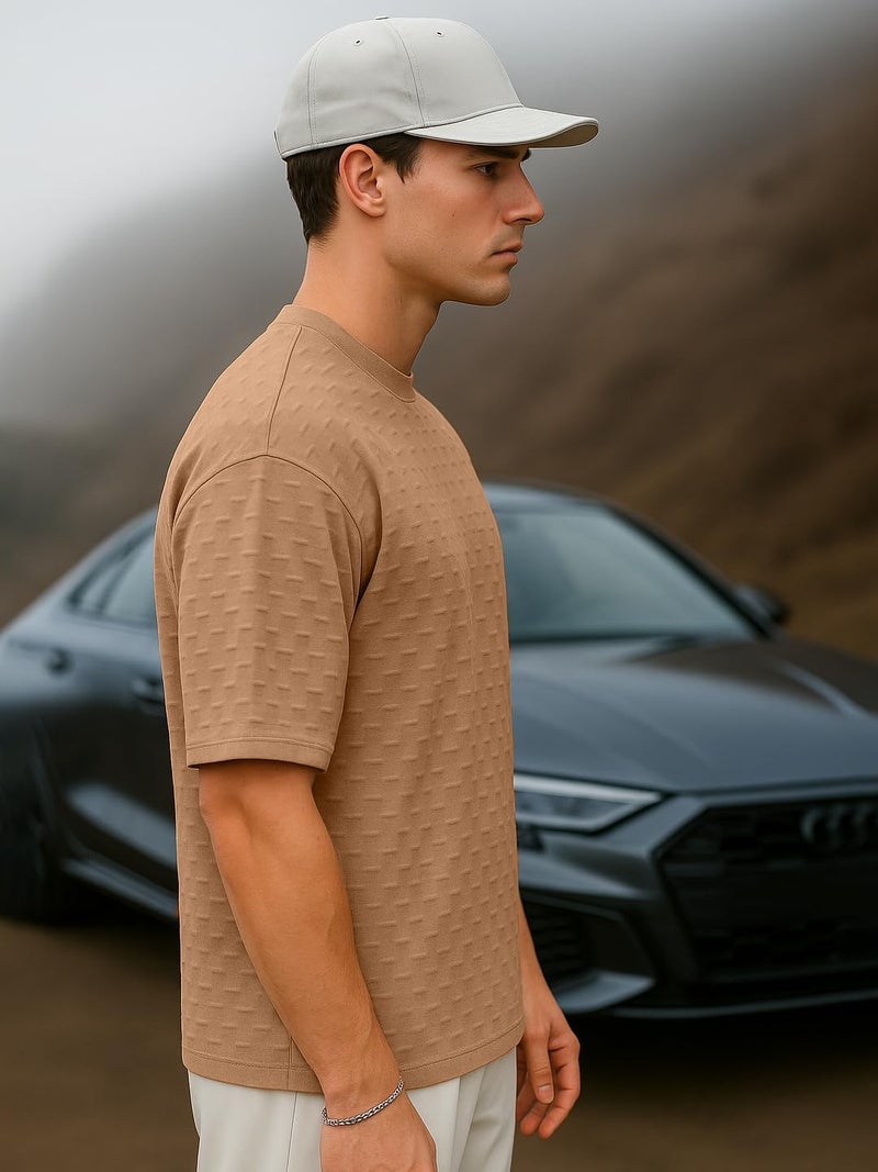 LEOTUDE Men's Half Sleeve Round Neck Cottonblend Solid Texured Oversized Tshirt for Man (FS480_Peach_P_Peach_S) - Image 3