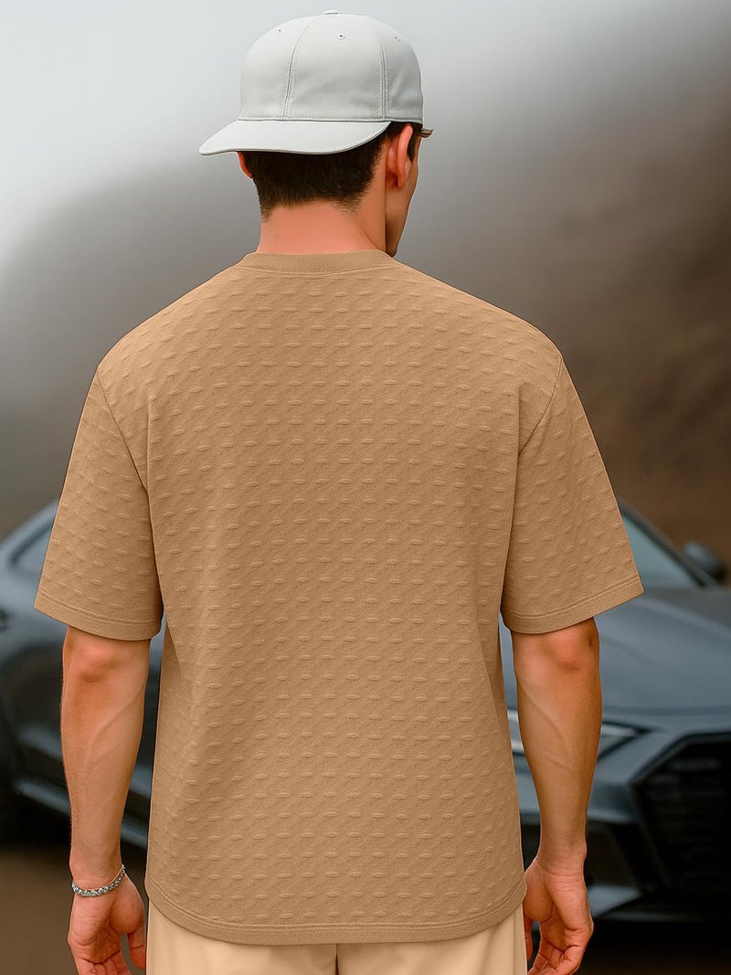 LEOTUDE Men's Half Sleeve Round Neck Cottonblend Solid Texured Oversized Tshirt for Man (FS480_Peach_P_Peach_S) - Image 4
