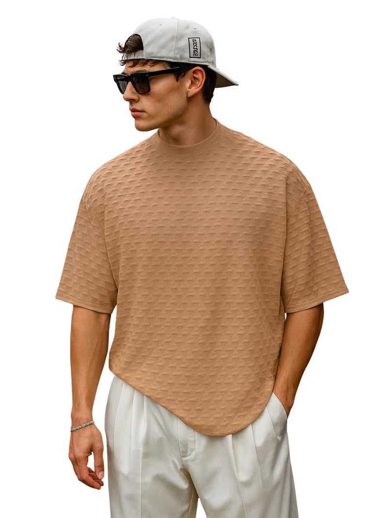 LEOTUDE Men's Half Sleeve Round Neck Cottonblend Solid Texured Oversized Tshirt for Man (FS480_Peach_P_Peach_S) - Image 1