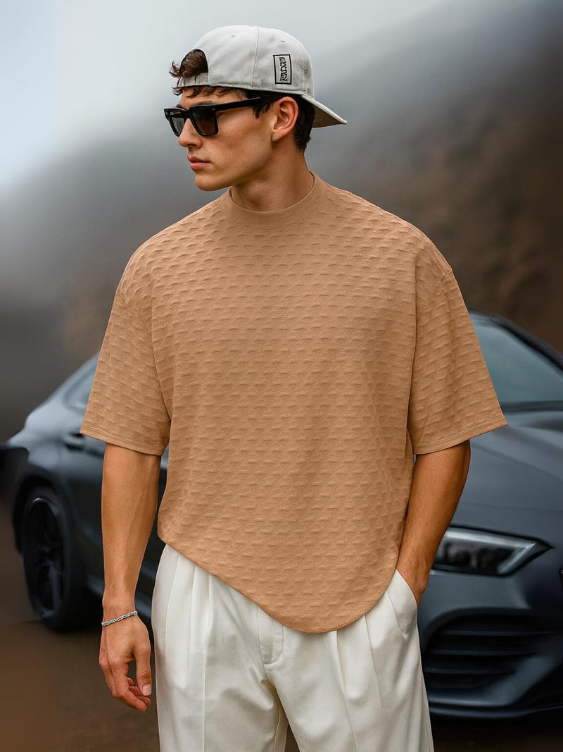 LEOTUDE Men's Half Sleeve Round Neck Cottonblend Solid Texured Oversized Tshirt for Man (FS480_Peach_P_Peach_S) - Image 2