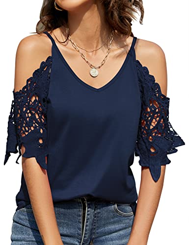 TFSDOD Womens Summer Tshirts Cutout Lace Short Sleeve Blouse V Neck Cold Shoulder Tunic Tops Shirts Nave Blue Large - Image 1