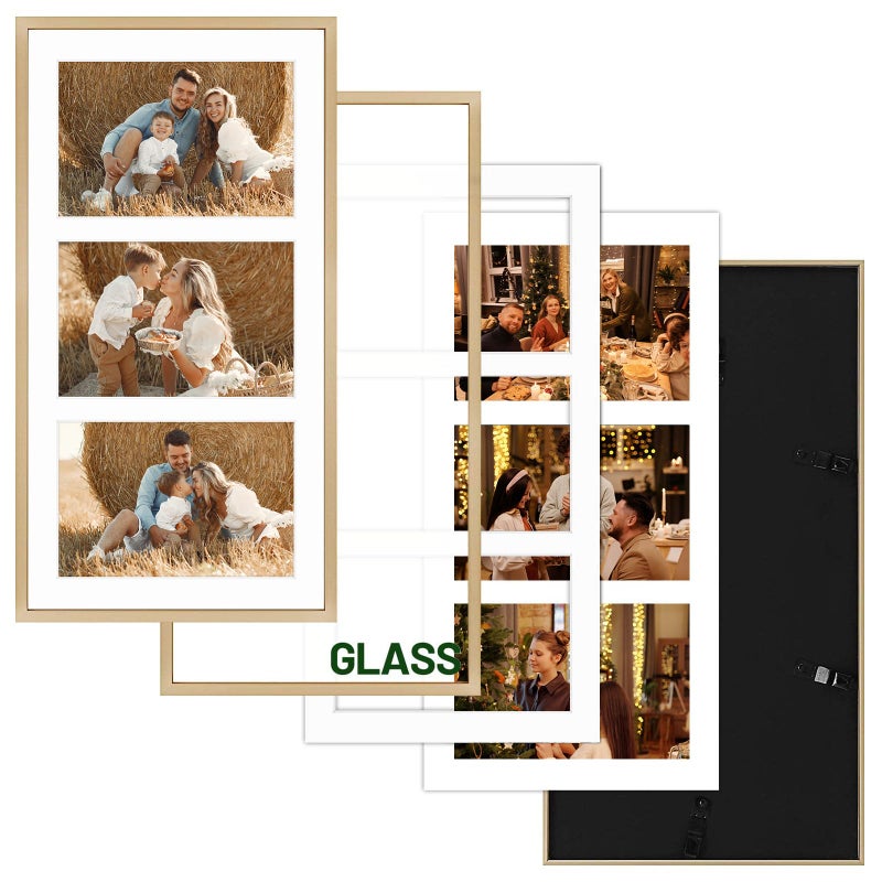 Frametory - 8.5x16.3 Aluminum Collage Picture Frame - Display 5x7 Pictures with 3 Openings Mat - Real Glass Front - Horizontal/Vertical Wall Mount - Gold 1 Pack - Image 4