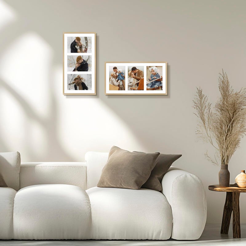 Frametory - 8.5x16.3 Aluminum Collage Picture Frame - Display 5x7 Pictures with 3 Openings Mat - Real Glass Front - Horizontal/Vertical Wall Mount - Gold 1 Pack - Image 2