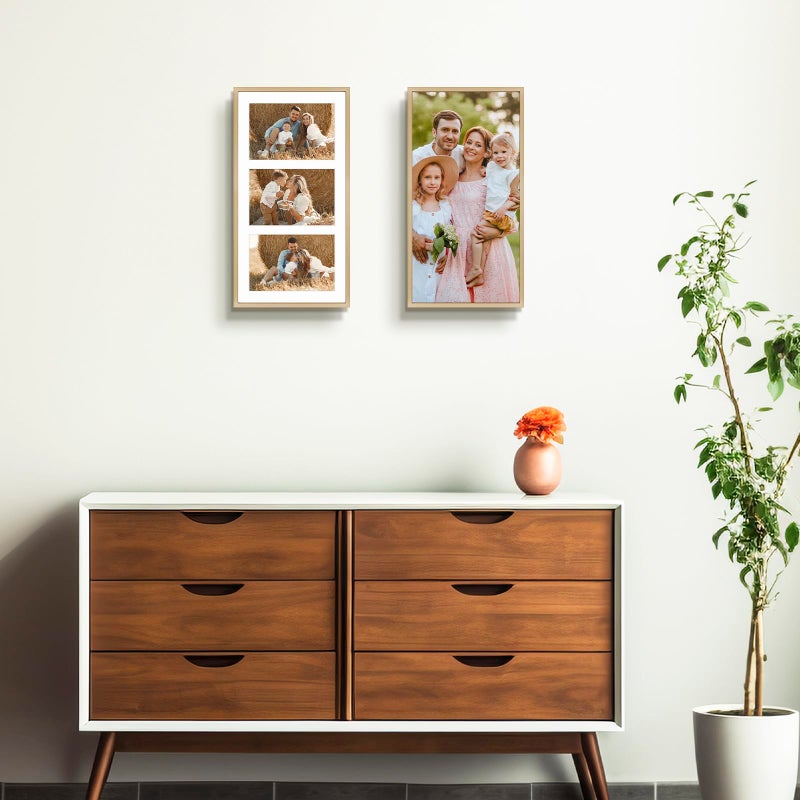 Frametory - 8.5x16.3 Aluminum Collage Picture Frame - Display 5x7 Pictures with 3 Openings Mat - Real Glass Front - Horizontal/Vertical Wall Mount - Gold 1 Pack - Image 3