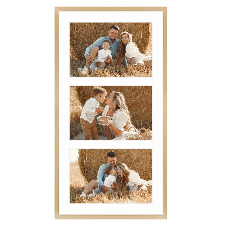 Frametory - 8.5x16.3 Aluminum Collage Picture Frame - Display 5x7 Pictures with 3 Openings Mat - Real Glass Front - Horizontal/Vertical Wall Mount - Gold 1 Pack - Image 1