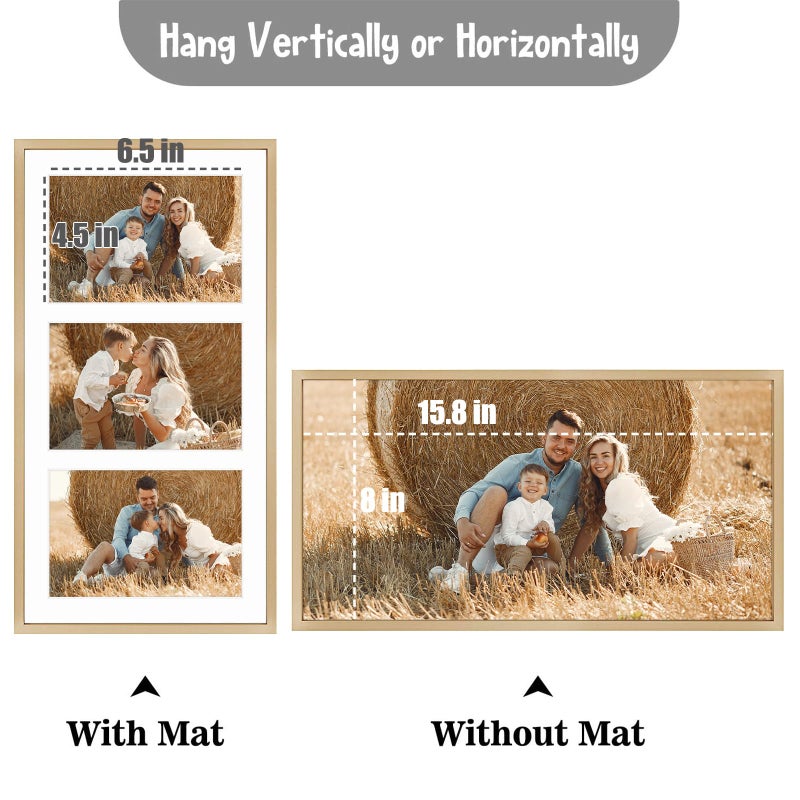 Frametory - 8.5x16.3 Aluminum Collage Picture Frame - Display 5x7 Pictures with 3 Openings Mat - Real Glass Front - Horizontal/Vertical Wall Mount - Gold 1 Pack - Image 5