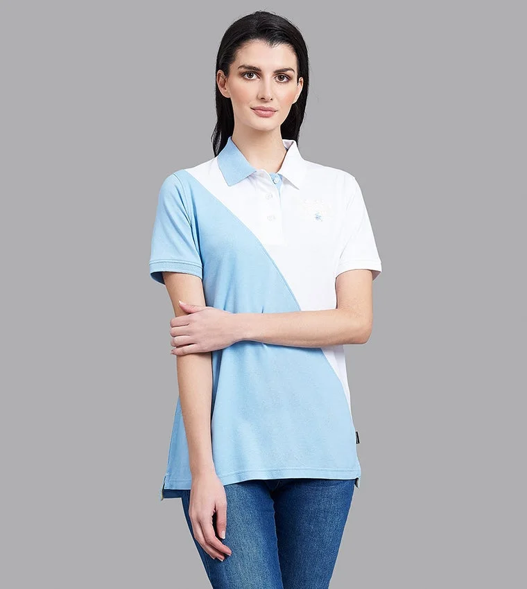Beverly Hills Polo Club Women Blue Colour Blocked Short Sleeves Polo T-Shirt