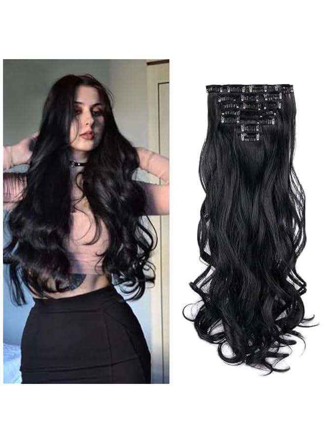 Beauenty Clip in Hair Extensions 22 Inche Hairpieces 7 Pieces/set Clip On Hair Extension Heat Resistant Synthetic Fiber for Women Daily Use Hair Make Clip Hair Extensions (Natural Black) - Image 1