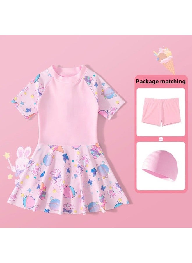 Generic Blank Printed Girls' Swim Skirt Swimsuit Summer Suit Merlotte Style Small And Middle-aged Children's Training Siaman Swimming-Color:140cm-Size:Pink Skirt + Swimming Cap + Swimming Goggles [comes With Safety Pants]  - Image 4