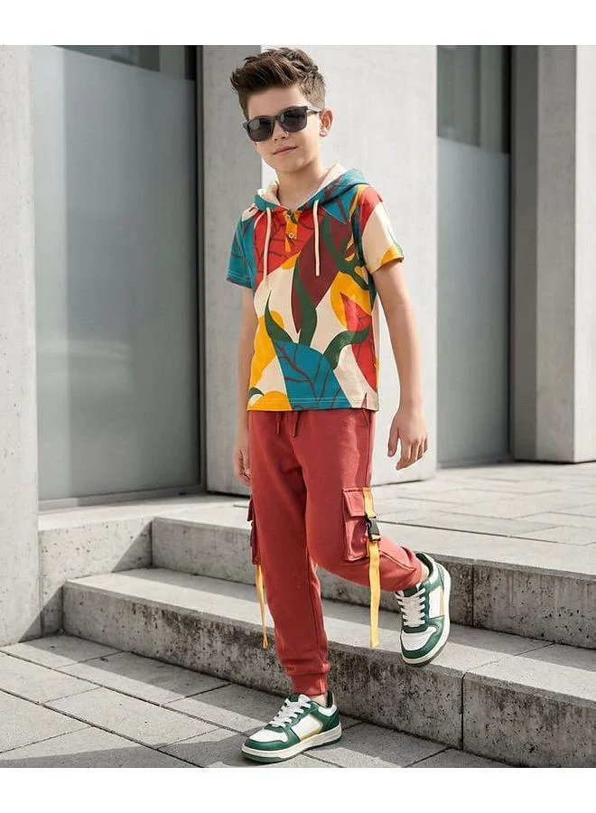 Ollington St. Ollington St. Cotton Knit Leaves Printed Hooded T-Shirt & Joggers Set - Multicolor