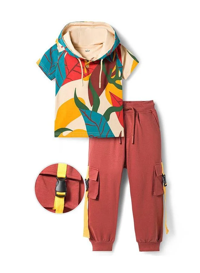 Ollington St. Ollington St. Cotton Knit Leaves Printed Hooded T-Shirt & Joggers Set - Multicolor