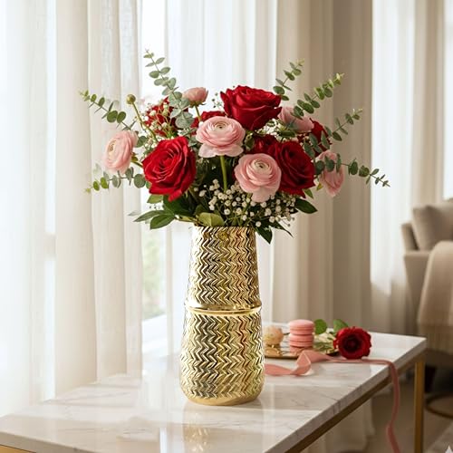 BEHOMA Arrow Engrave Metal Cylindrical Vase for Home Décor | Table Flower Pot for Valentine’s Day, Couple Gift for Wedding Anniversary, Birthday Decoration | 9.2" Golden, 1Pc (Flower not Included) - Image 2