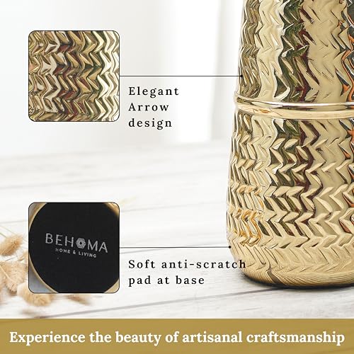 BEHOMA Arrow Engrave Metal Cylindrical Vase for Home Décor | Table Flower Pot for Valentine’s Day, Couple Gift for Wedding Anniversary, Birthday Decoration | 9.2" Golden, 1Pc (Flower not Included) - Image 4