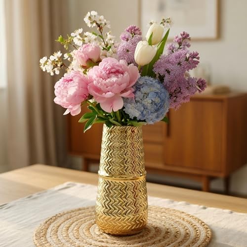 BEHOMA Arrow Engrave Metal Cylindrical Vase for Home Décor | Table Flower Pot for Valentine’s Day, Couple Gift for Wedding Anniversary, Birthday Decoration | 9.2" Golden, 1Pc (Flower not Included) - Image 1