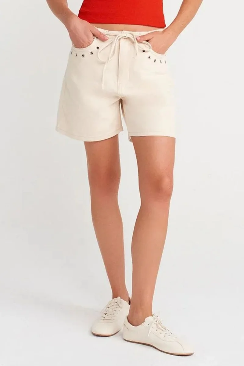 Dilvin Cream Natural DILVIN Women’s Cotton Denim Shorts With Drawstring Waist for Women | Best Price UAE