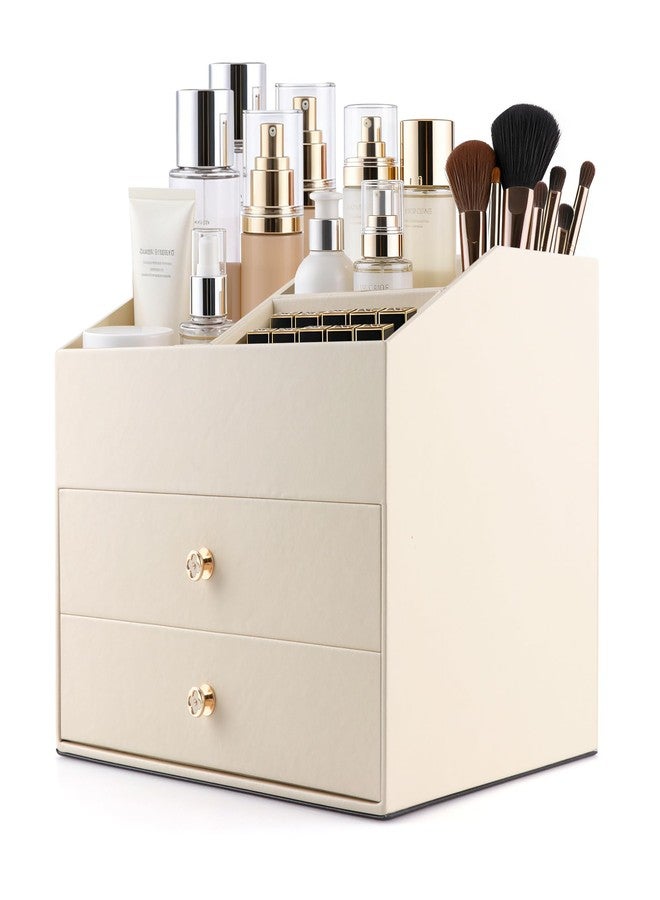 Homeanda Makeup Organizer with Drawers, PU Leather Cosmetic Storage Box Large Cosmetic Display Case for Skincare, Lipstick, Brushes, Bedroom Storage(Beige) - Image 1