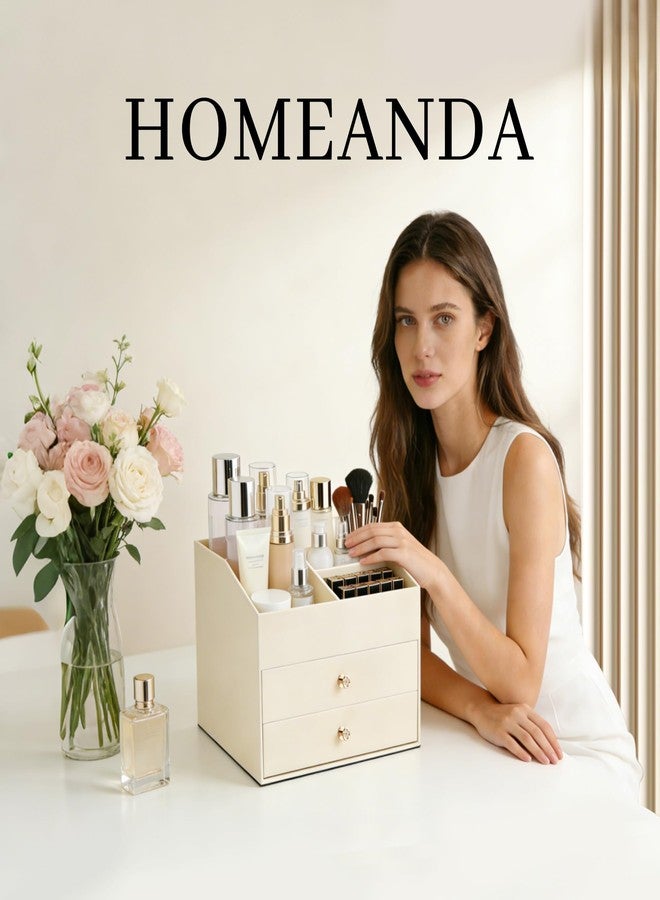 Homeanda Makeup Organizer with Drawers, PU Leather Cosmetic Storage Box Large Cosmetic Display Case for Skincare, Lipstick, Brushes, Bedroom Storage(Beige) - Image 2