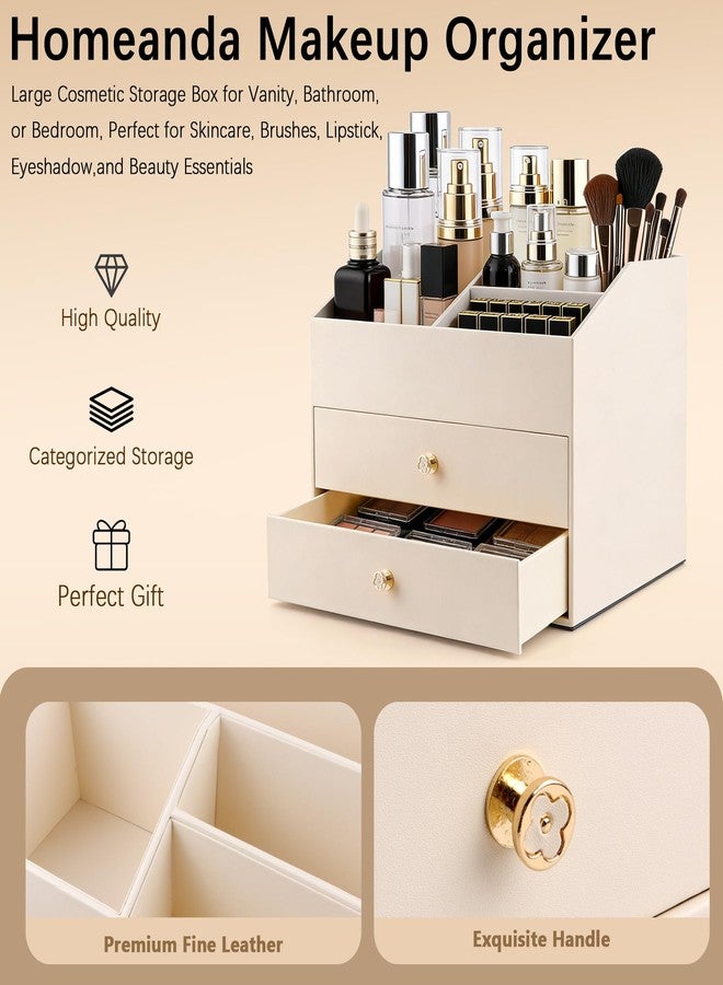 Homeanda Makeup Organizer with Drawers, PU Leather Cosmetic Storage Box Large Cosmetic Display Case for Skincare, Lipstick, Brushes, Bedroom Storage(Beige) - Image 5