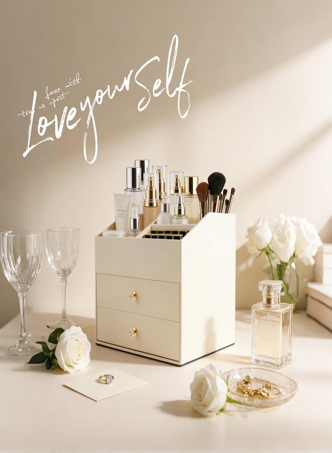 Homeanda Makeup Organizer with Drawers, PU Leather Cosmetic Storage Box Large Cosmetic Display Case for Skincare, Lipstick, Brushes, Bedroom Storage(Beige) - Image 3
