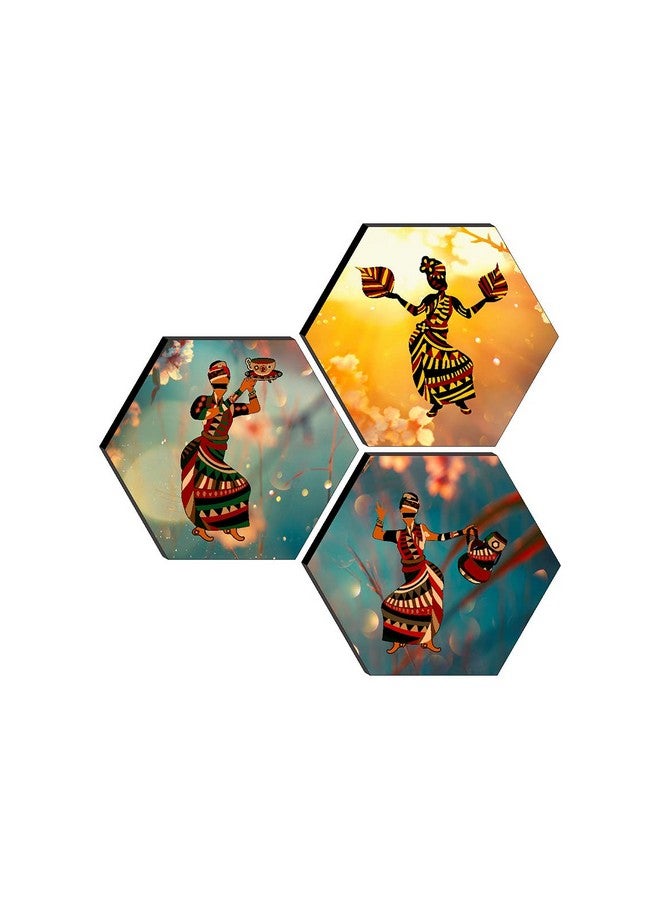 SAF Set of 3 Hexagon Modern Art Dancing MDF Board UV Textured Abstract Painting, Multicolour, 17 Inch X 17 Inch SANFHXS30542 - Image 1