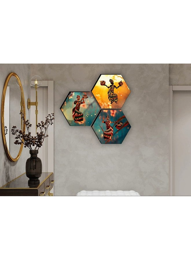 SAF Set of 3 Hexagon Modern Art Dancing MDF Board UV Textured Abstract Painting, Multicolour, 17 Inch X 17 Inch SANFHXS30542 - Image 2