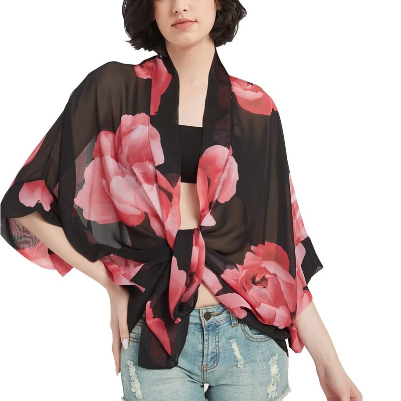 Max Hsuan Women's Loose Print Sheer Chiffon Kimono Beach Swim Cover up Cardigan Capes Blouse Tops - Image 4