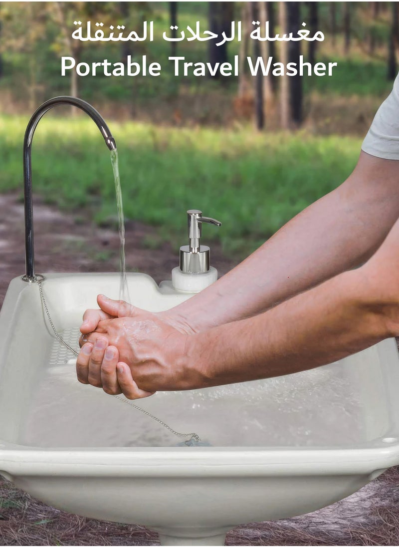RENOVO - XL Portable Outdoor Foot Pump Camping Sink – Collapsible Hand Wash Basin with 30 Liters Water Tank, Wheels, Soap Dispenser, Gooseneck Faucet and Towel Holder - Image 1