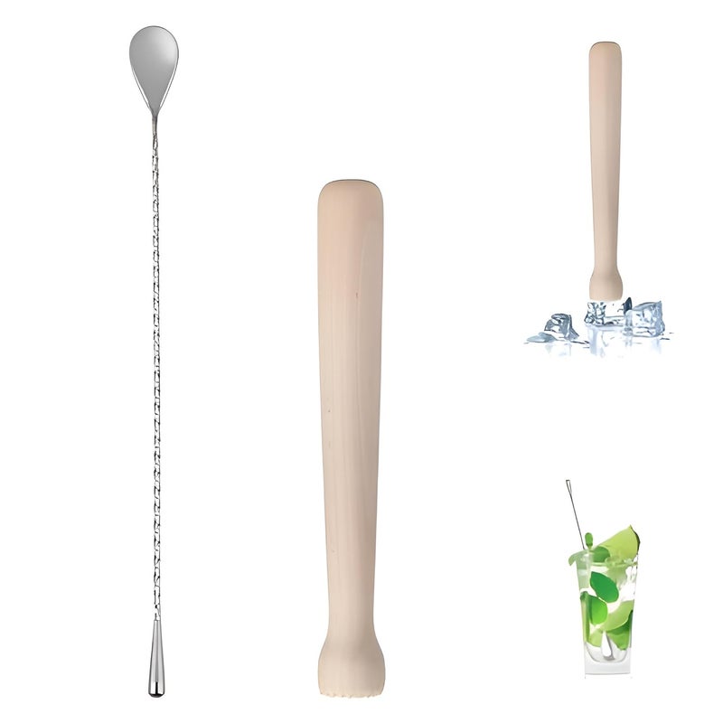 BIRDBRID Wooden Muddler Teardrop Spoon Set Bar Tools Accessories Cocktail Accessories Mixing Spoon Bar Tools Cocktail Muddler Natural Wood Muddler 10 inches Spoon 12 inches Pack of 2 PCS - Image 1