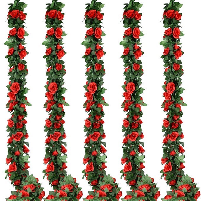 5PACK FLOWER GARLAND ARTIFICIAL FAKE ROSE GARLAND VINE ARTIFICIAL FLOWERS FOR DECORATION FLORAL GARLANDS DECORTOTAL 41 FT RED