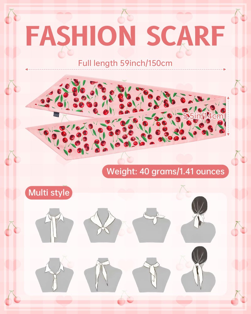 Mesovor Cherry Head Scarf Hair Neck Scarves for Women, Fashion Purse Bag Scarfs | Long Thin Satin Headscarf Headbands (Cherry (Pink)) - Image 2