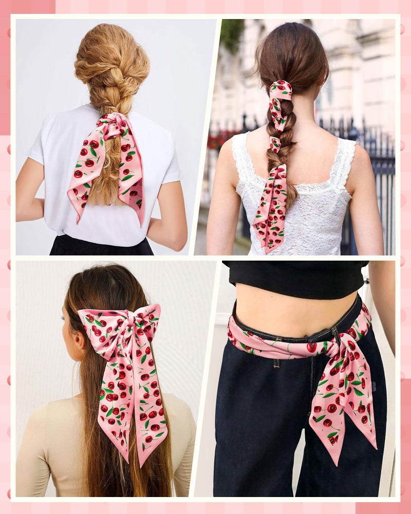 Mesovor Cherry Head Scarf Hair Neck Scarves for Women, Fashion Purse Bag Scarfs | Long Thin Satin Headscarf Headbands (Cherry (Pink)) - Image 5